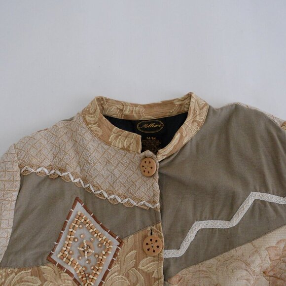 Vintage Allure Tan Cream Embroidered Floral Patchwork Beaded Button Jacket M - Picture 10 of 10